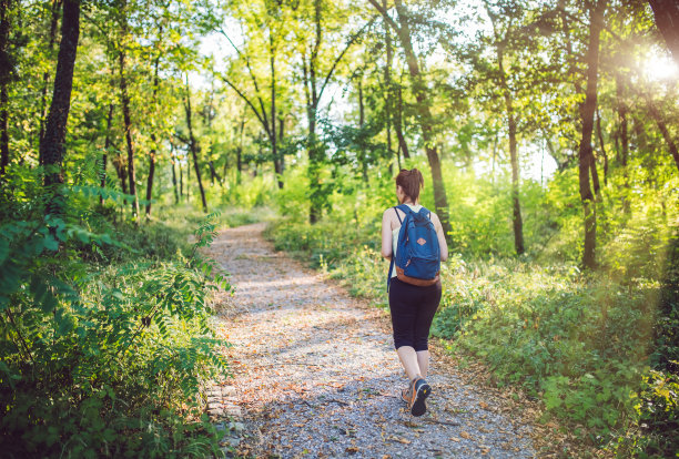 女背包客在森林小径上行走的背影照片。图片下载