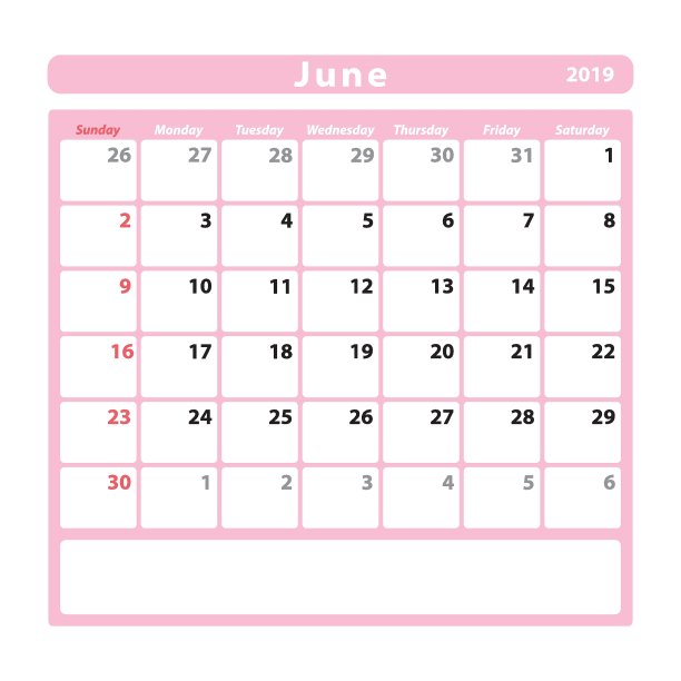 2019年6月的日历表，粉红色图片下载