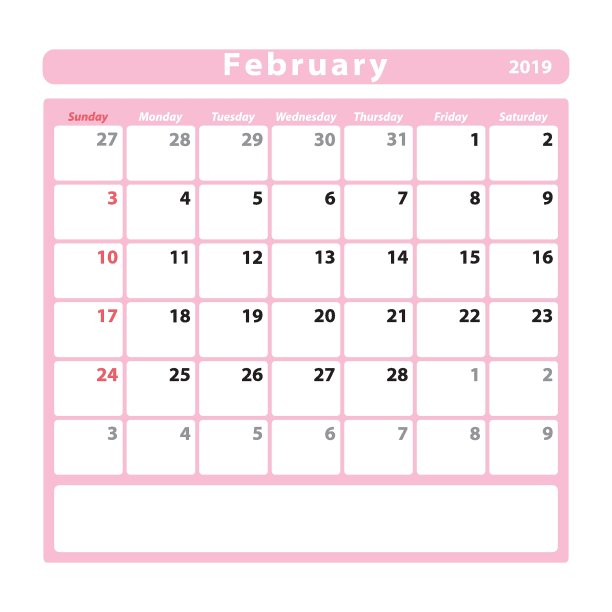 2019年2月的日历表，粉红色图片下载