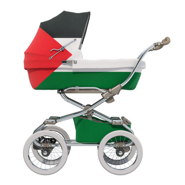 婴儿车与巴勒斯坦国旗纹理，3D渲染孤立的白色背景图片下载