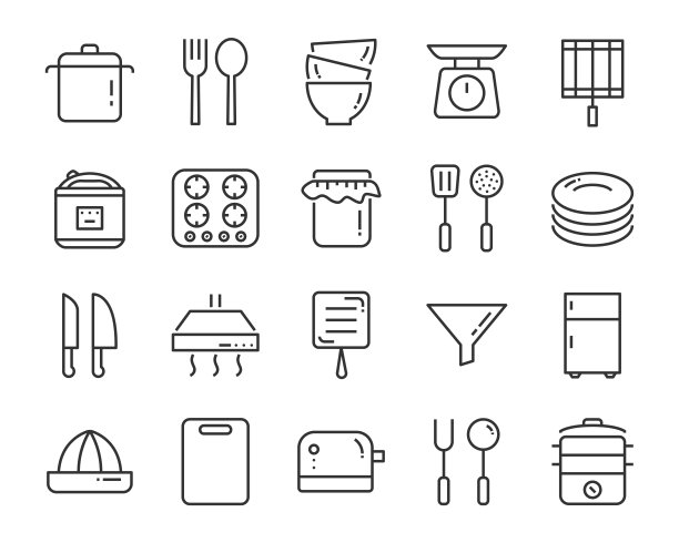 一套厨房工具图标，如刀，盘子，烤箱，平底锅，叉子，碗，搅拌器图片下载