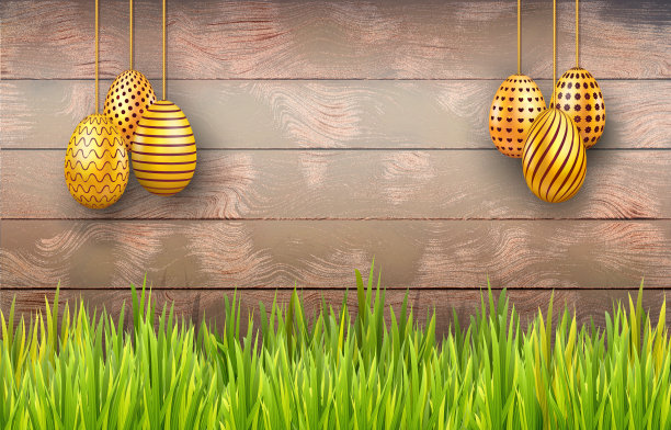 快乐的复活节背景与金色的鸡蛋在白色的乡村木制背景与绿色的草和复制空间图片下载