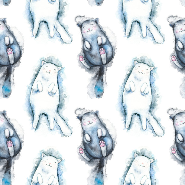 水彩无缝图案与黑白猫素材图片