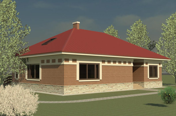 位于景观地块上的时尚平房。三维渲染图片下载