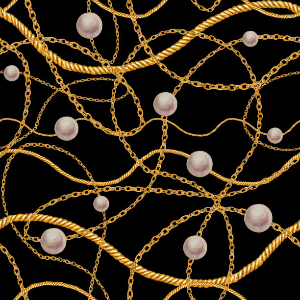 金色链条魅力无缝图案插画。水彩纹理与金色链和白色珍珠。图片下载