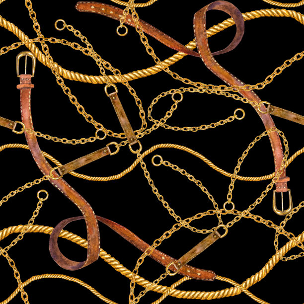 金色链条魅力无缝图案插画。水彩纹理与金色链和皮带。图片下载