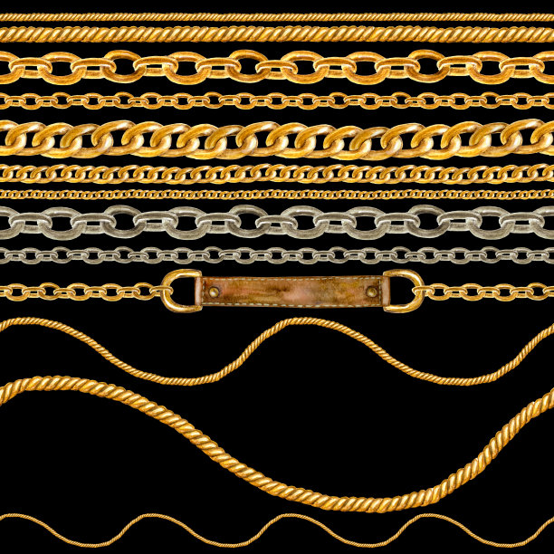 金色链条魅力无缝图案插画。水彩纹理与金色链。图片下载