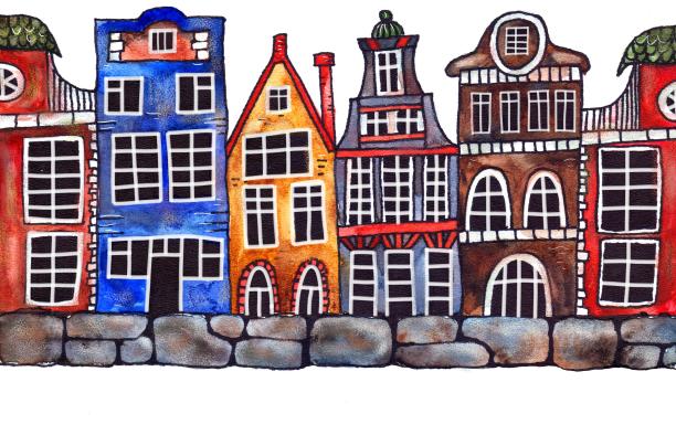 五颜六色的阿姆斯特丹房子在海滨水彩卡通图片下载