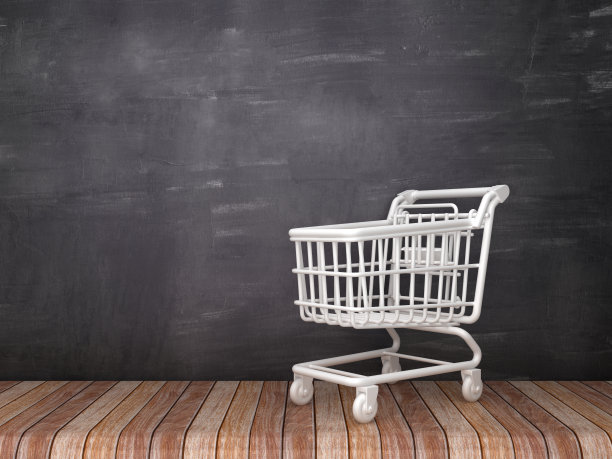 购物车在木地板-黑板背景- 3D渲染图片下载