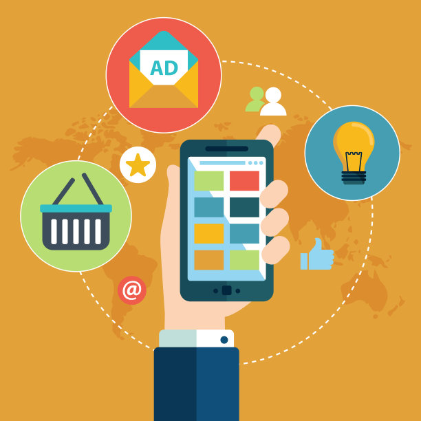 智能手机与应用程序图标。移动应用开发和购物。在线广告标志。平面向量插图图片下载