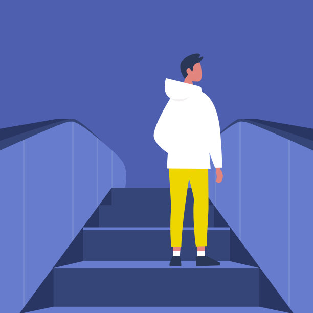 男主角上了自动扶梯。地铁。地铁站。购物中心。平面可编辑矢量插图，剪辑艺术图片下载