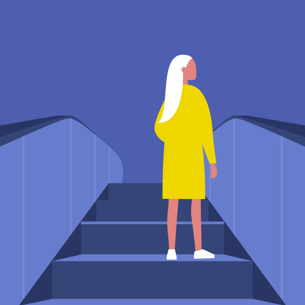 金发女角色上了自动扶梯。地铁。地铁站。购物中心。平面可编辑矢量插图，剪辑艺术图片下载