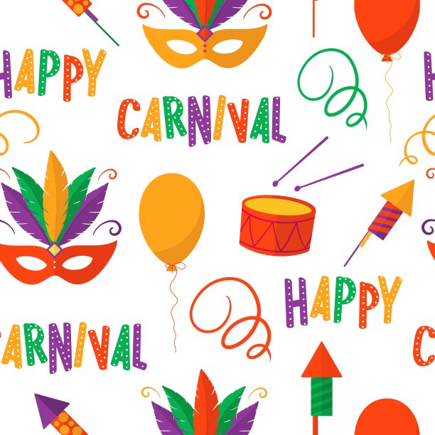 五彩缤纷的节日无缝图案，有狂欢节面具、鼓、花炮和气球。嘉年华背景设计，儿童派对，装饰，活动。矢量模板，促销，海报，纸，礼品包装。图片下载