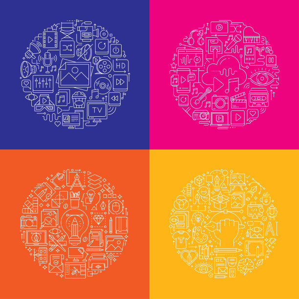 多媒体、娱乐、创意工作流程线图标圆形隔离图片下载