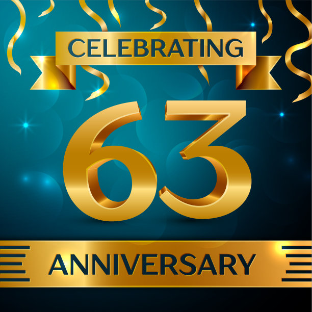 现实的63周年庆典设计。金色的五彩纸屑和蓝色背景上的金色丝带。多彩的矢量模板元素为您的生日聚会图片下载
