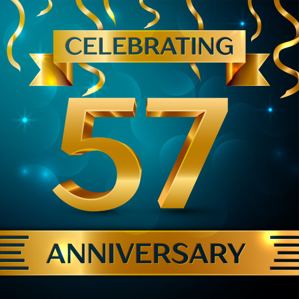 现实57周年庆典设计。金色的五彩纸屑和蓝色背景上的金色丝带。多彩的矢量模板元素为您的生日聚会图片下载
