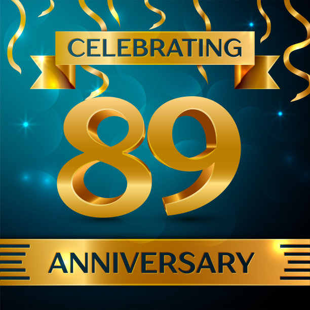 现实的89周年庆典设计。金色的五彩纸屑和蓝色背景上的金色丝带。多彩的矢量模板元素为您的生日聚会图片下载