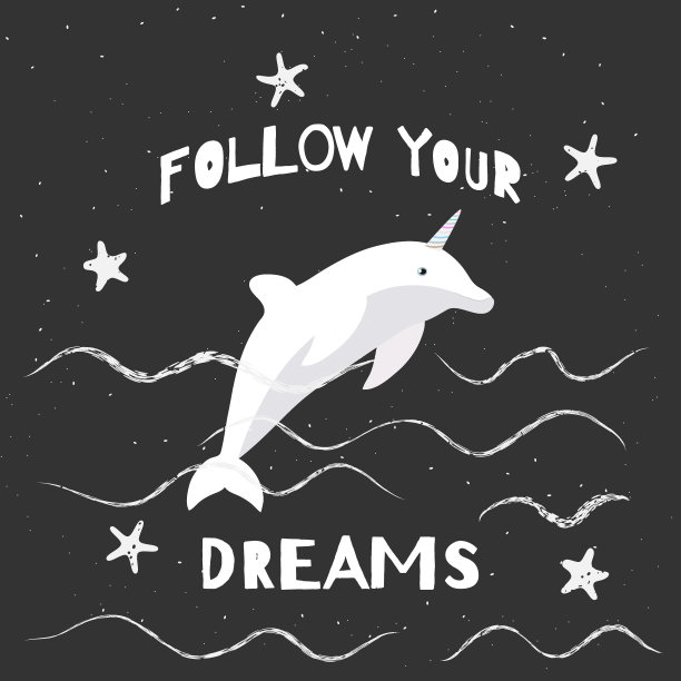 矢量插图与卡通海豚-独角兽和碑文追随你的梦想在黑色的背景。图片下载
