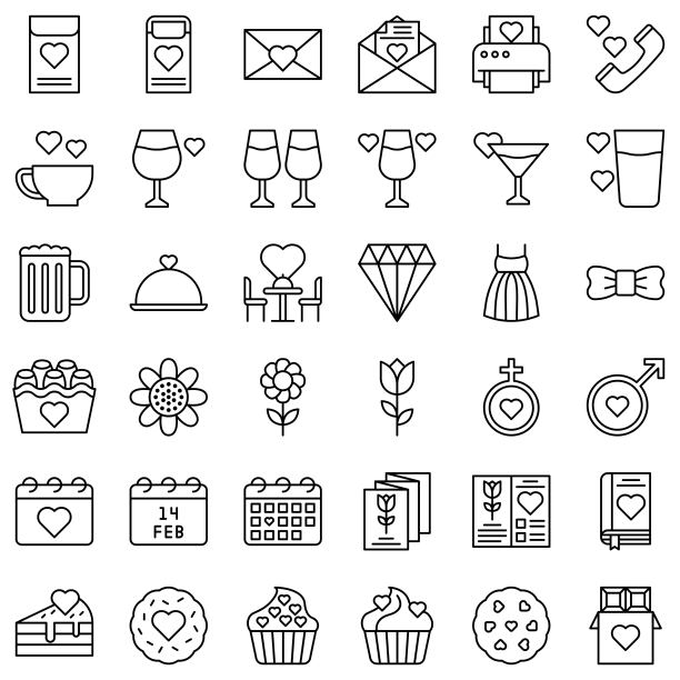 瓦伦丁相关的矢量图标设置，线条样式图片下载