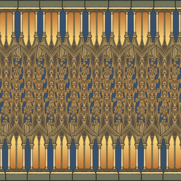 中世纪建筑元素中世纪壁毯或发光手稿风格的无缝图案。素材图片