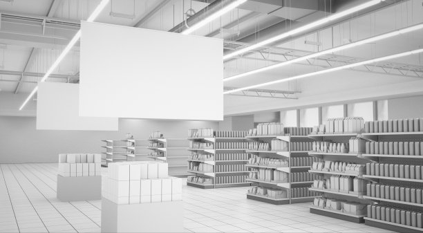 超市内部的横幅和产品图片下载