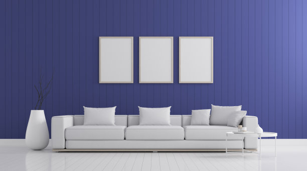 客厅空间与沙发设置在蓝色墙壁和白色强化地板。现代建筑设计的视角。3 d渲染。图片下载