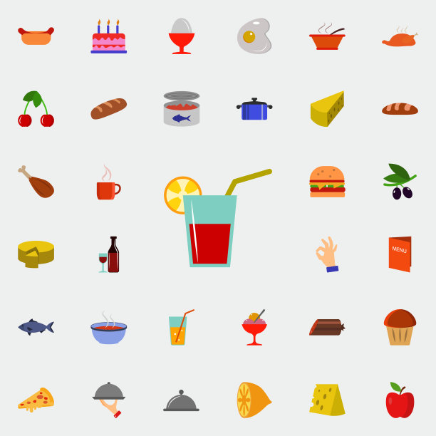 果汁在一个玻璃图标。餐厅图标普遍设置为网络和移动图片下载