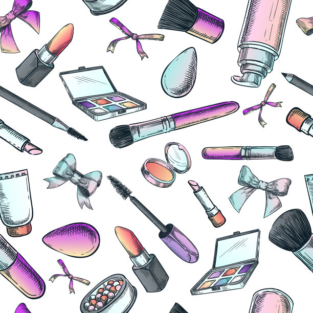 化妆品和刷子。矢量无缝时尚模式。女性美女背景。素描手绘插图。图片下载