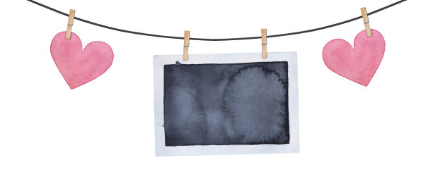 装饰线与风格化的艺术相框插图，可爱的粉爱心，晾衣夹和黑色绳。手绘水彩画在白色的背景，剪纸剪辑艺术。图片下载