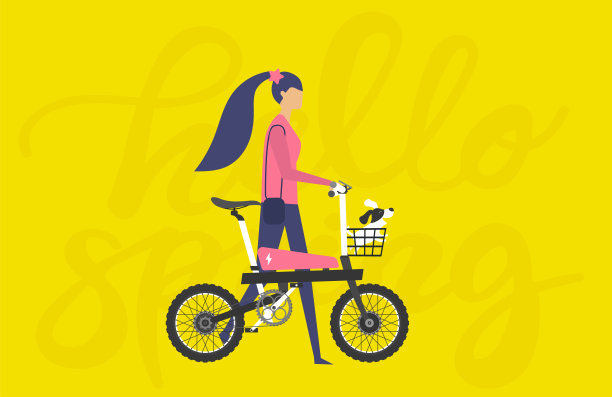 卡通图片与女孩，女人骑着快速现代电动自行车。图片下载