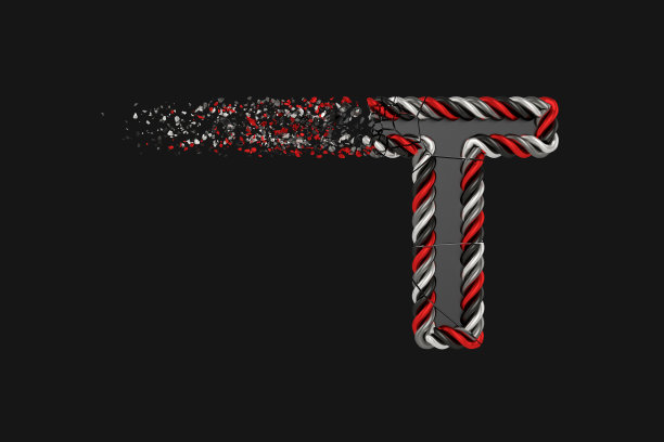 粉碎的字母T 3D光栅插图。扭曲的字母与爆炸效果在黑暗的背景。孤立的设计元素。图片下载