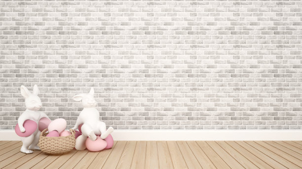兔偶抱着蛋，坐在蛋上，在房间和砖墙装饰。背景的艺术品。3D插图复活节艺术品。图片下载