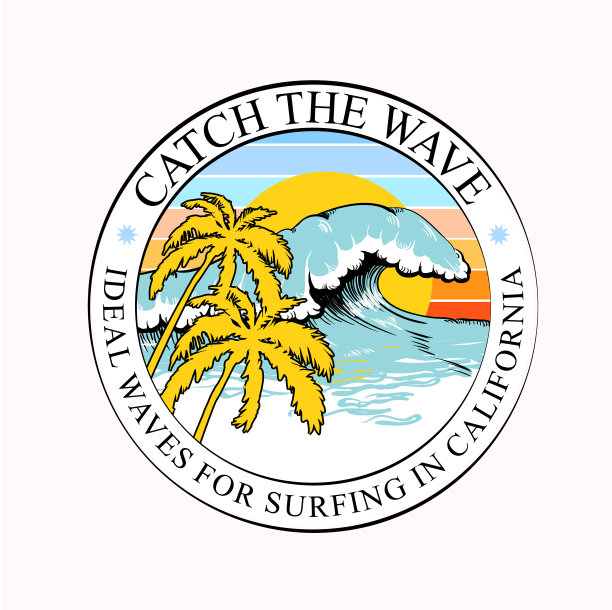 五颜六色的圆形t恤印有波浪、棕榈树和铭文，适合青少年夏季设计。图片下载