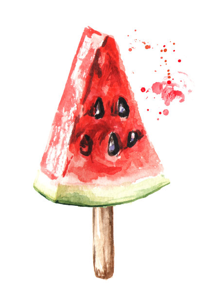一块熟透的红西瓜，夏日小吃。水彩手绘插图，孤立的白色背景素材图片