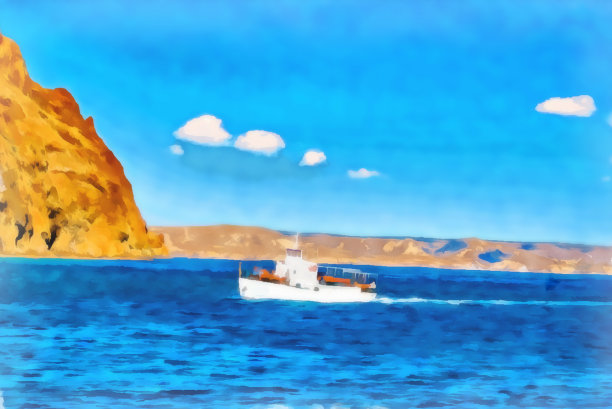 数字绘画。画水彩。海景,大海,船。图片下载