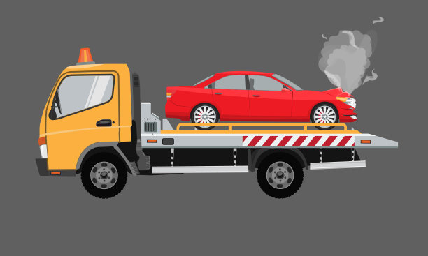 黄色拖车，上面有轿车。平面矢量与纯色设计。图片下载