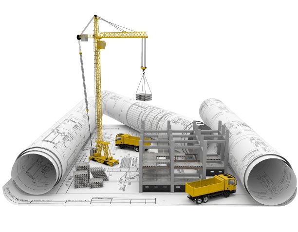 在白色背景上滚动建筑图纸和建筑设备和新建筑。3 d组成。图片下载