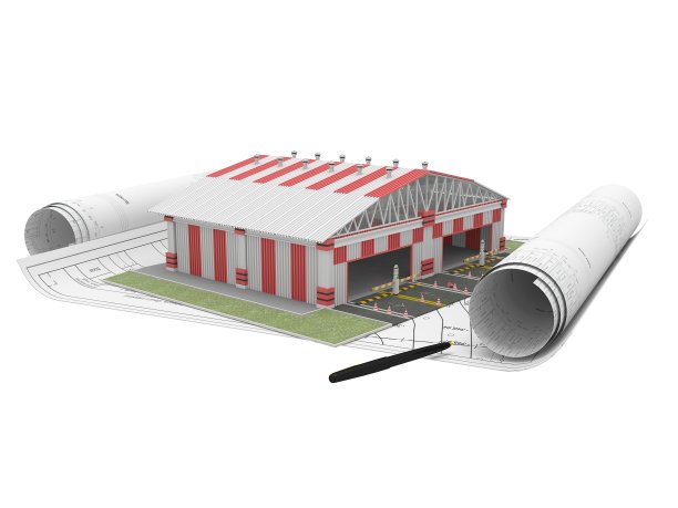 在白色背景上滚动仓库建筑图纸。3 d组成。3 d渲染。图片下载