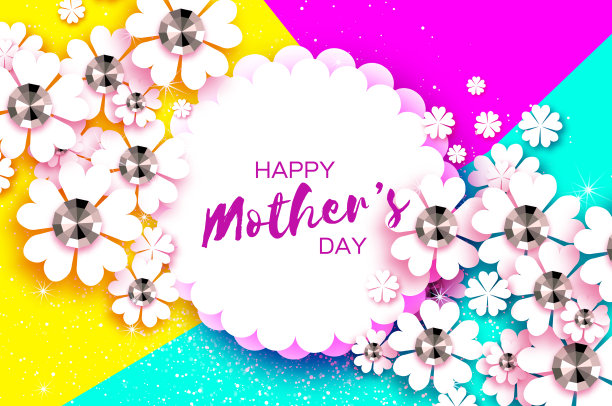 快乐的母亲节。白色鲜花贺卡与辉煌的石头。用剪纸花庆祝妇女节。花的节日。美丽的花束上彩色的背景。圈框文本。图片下载