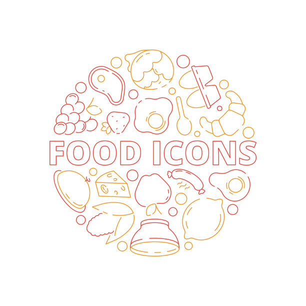 食物图标背景。彩色圆形厨房菜单，新鲜产品，鱼，鸡，蔬菜，水果，天然膳食矢量概念图片下载