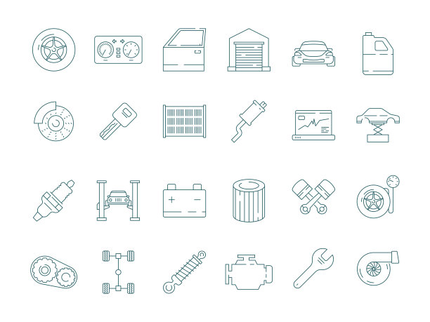 汽车服务图标。汽车机械师汽车零件发动机变速箱发动机机油滤清器矢量细线图片图片下载