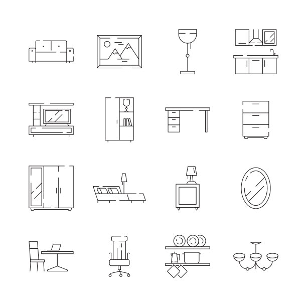 家具图标。办公桌、办公椅、桌子、床、工作间工具等矢量细线符号图片下载