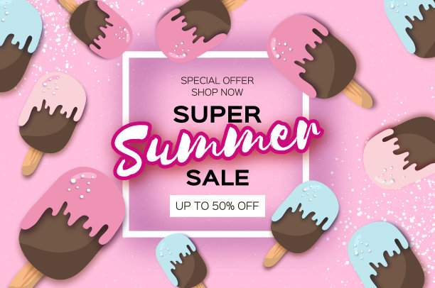 剪纸风格的冰淇淋超级夏季特卖。在粉红色上融化冰淇淋。空间的文本。方形框架。炎热的夏季。假期。图片下载