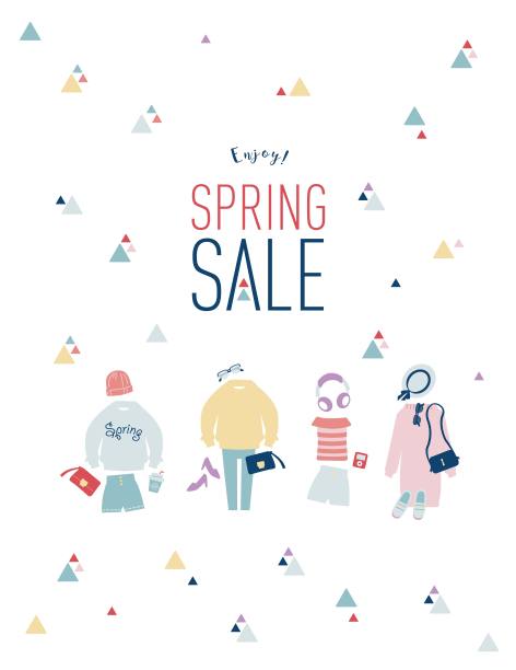 春季销售背景有女孩服装和配饰。矢量图模板。图片下载