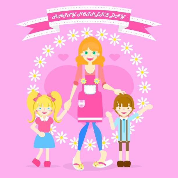母亲节快乐，有妈妈和男孩女孩，花，心，彩带横幅，粉红色背景贺卡图片下载