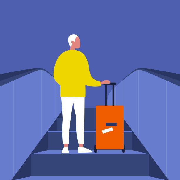 年轻男性乘客拿着行李上了自动扶梯。机场。地铁站。旅行。平面可编辑矢量插图，剪辑艺术图片下载