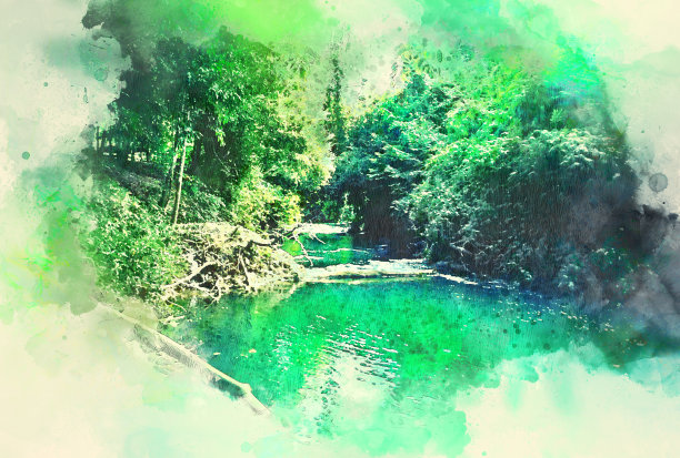 抽象彩色树和河湖山水水彩插画背景。图片下载