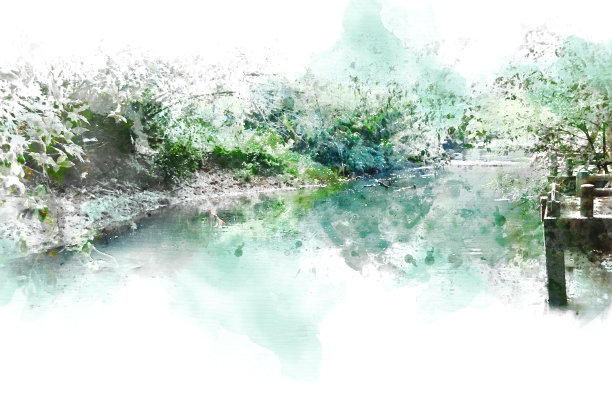 抽象彩色树和河湖山水水彩插画背景。图片下载