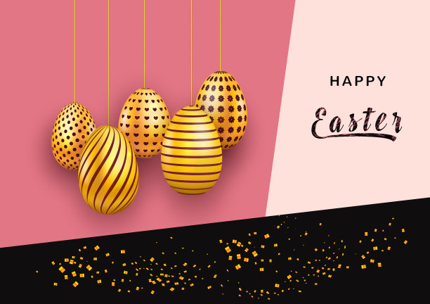 复活节贺卡模板与装饰挂金蛋和闪闪发光的五彩纸屑抽象背景。销售横幅设计的社交媒体和折扣优惠。矢量图图片下载