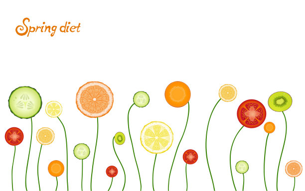 春天的健康饮食理念，蔬菜和水果像春天的花朵，春天的素食饮食理念，向量。图片下载